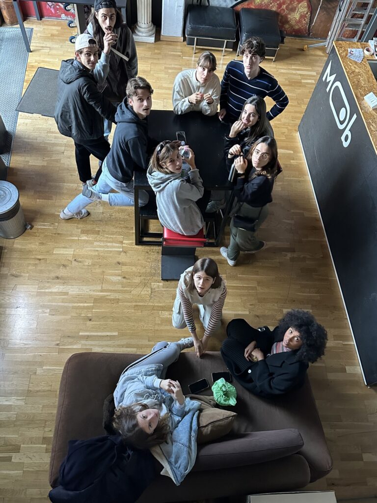 The group in the Mob Studios entrance, seen from above
