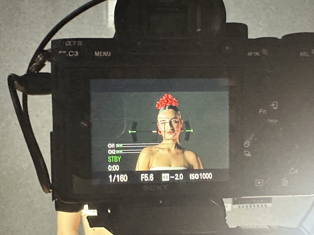 On the set of the short Sesso e Guerra: the camera screen shows a portrait